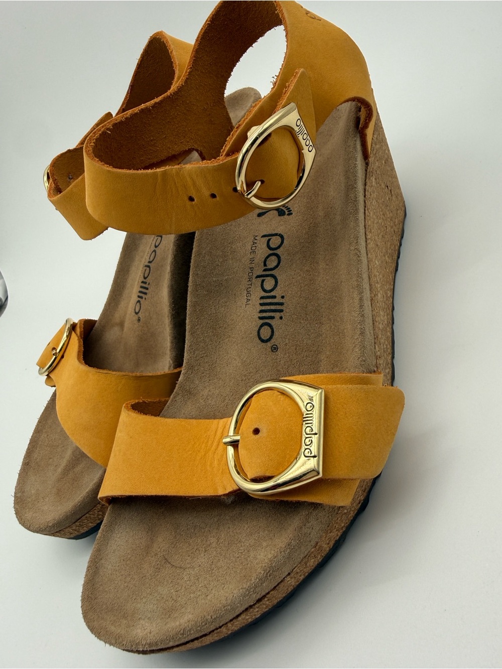 Papillio by Birkenstock Mustard Yellow Suede Cork Wedge Sandals eu size 37